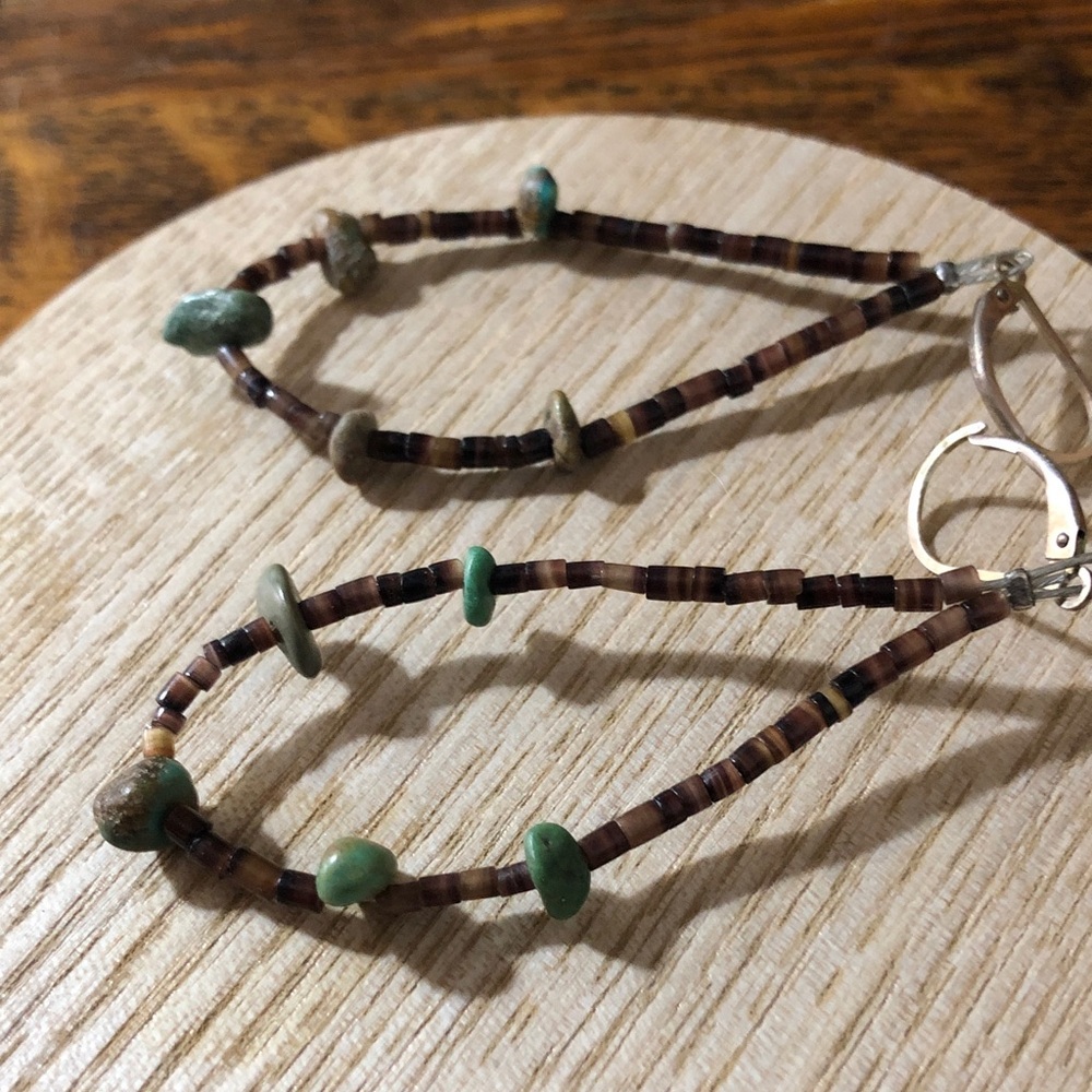 Natural turquoise and Beaded Native American Hoop Earrings
